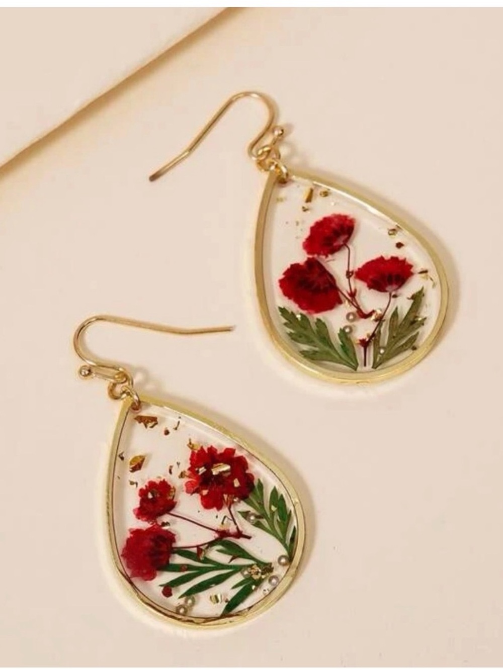 Gold Teardrop Earrings with Red Floral Resin Inlay